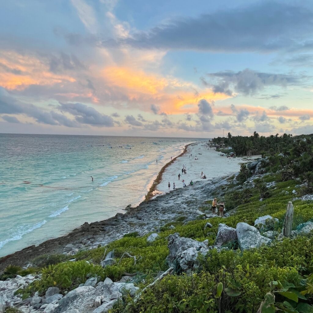 the entire Tulum shoreline at sunset in Mexico