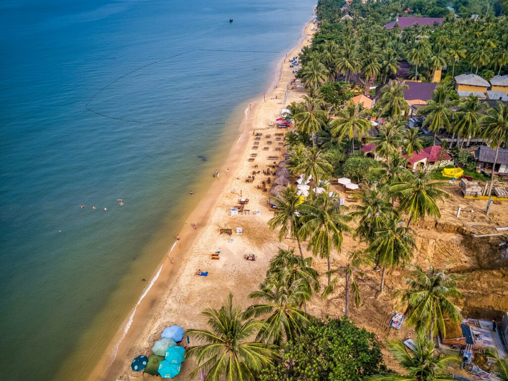 aerial view of many beach goers in Phu Quoc, a popular island off the coast of Southern Vietnam 