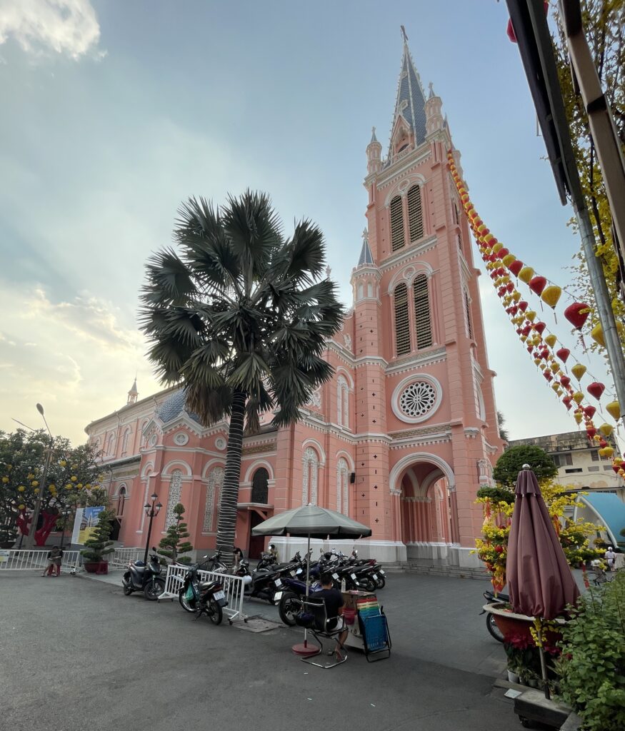 the famous Ten Dinh Church a vibrant pink church built long ago by the french in Saigon