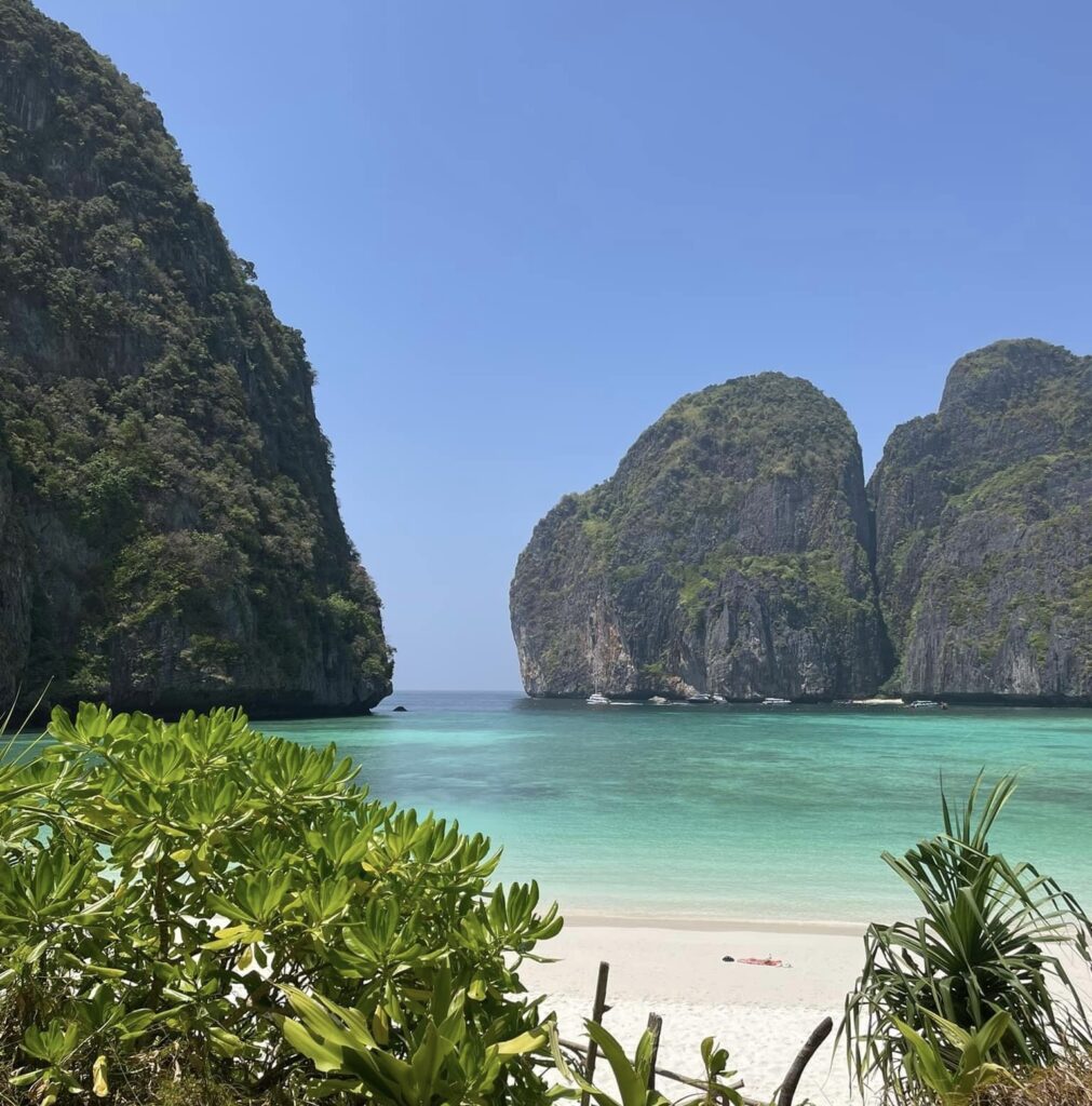 clear turquoise waters surrounded by many towering limestones and clear blue skies at Maya Bay Beach, part of the Phi Phi Islands in Thailand