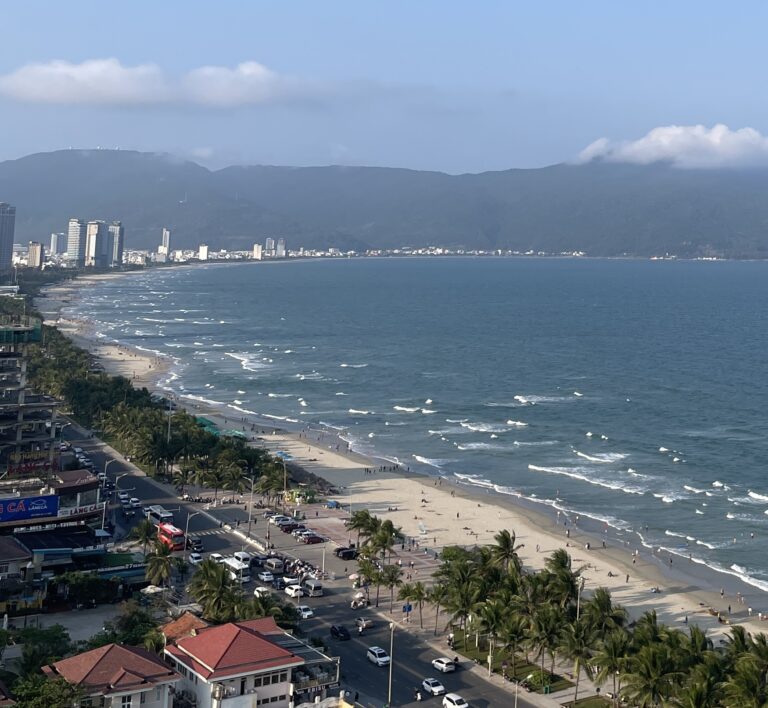 aerial views of My Khe Beach and mountains in Da Nang, Vietnam