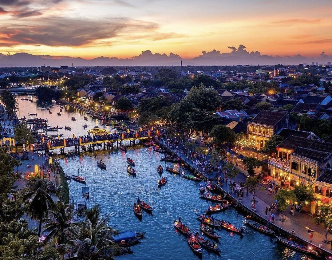 aerial photo at sunset of the Ancient Town in Hoi An