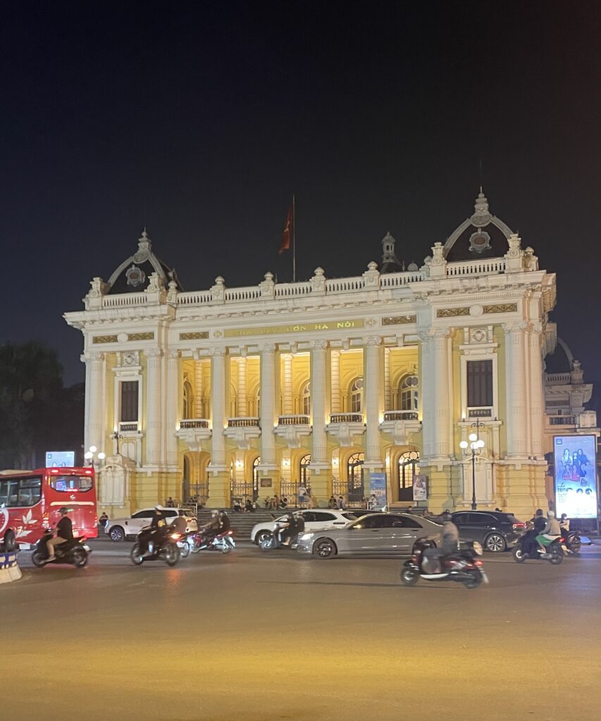 the stunning lit up Opera House in Hanoi, built during the French colonial era 