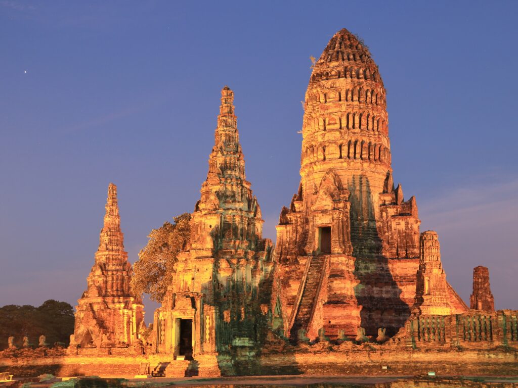 temples lit up in Ayutthaya, Thailand 