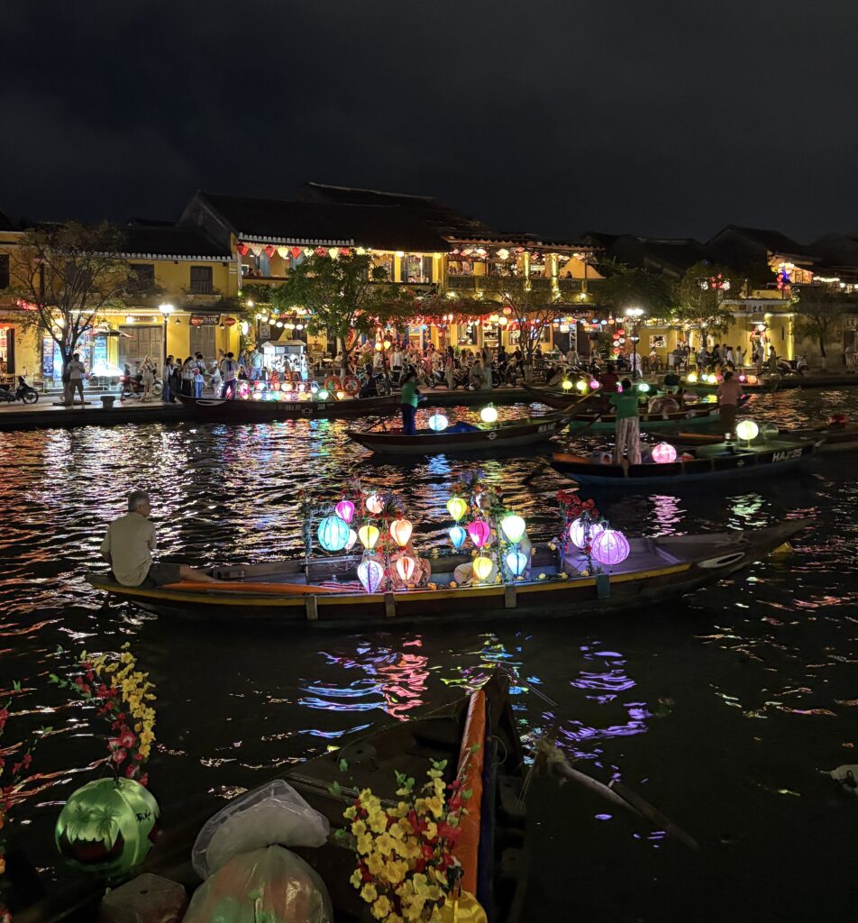 boats with many lanterns in Hoi An, Vietnam 