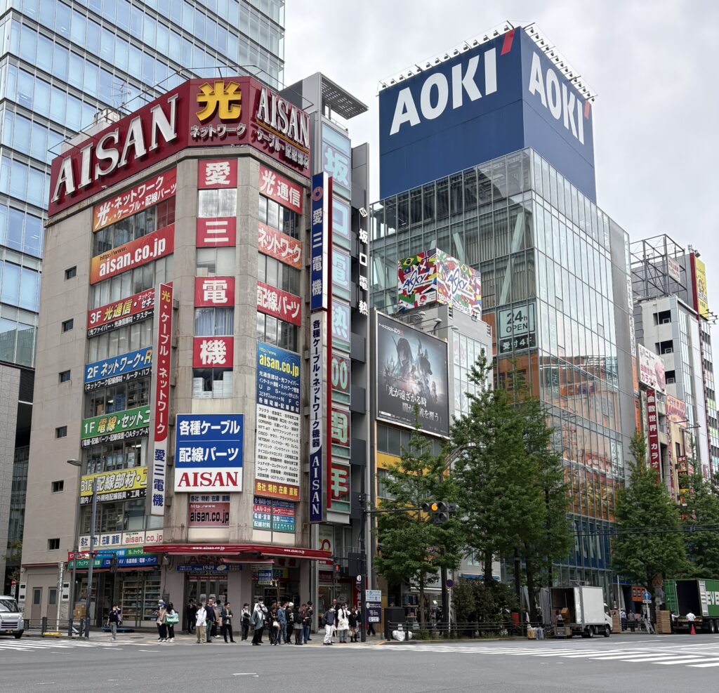 Street view of Akihabara Tokyo with anime shops and electronics stores
