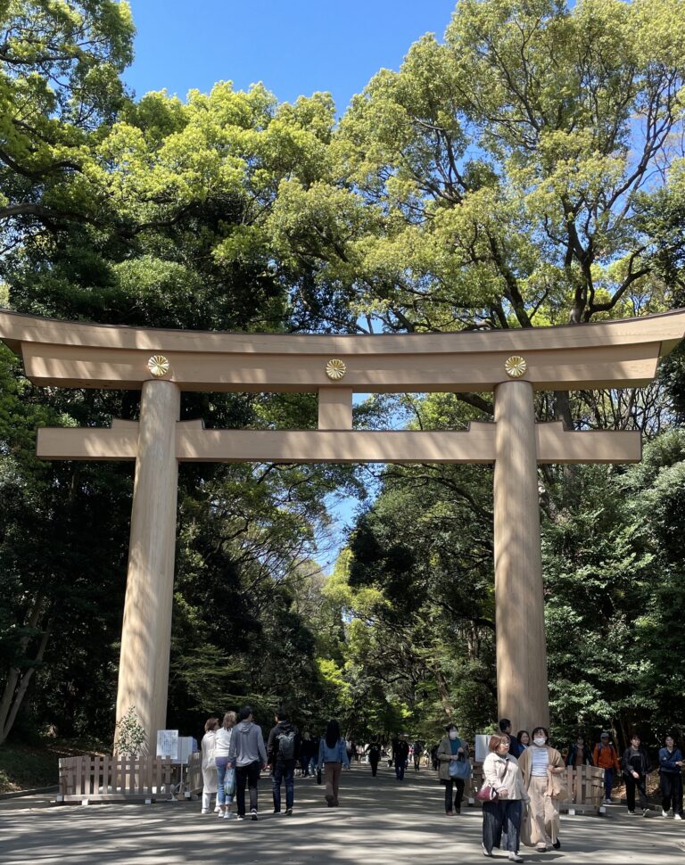 Entrance to Meiji Shrine in Tokyo surrounded by fresh spring greenery