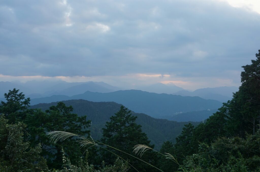 Scenic view from Mount Takao overlooking forested hills and Tokyo city in the distance