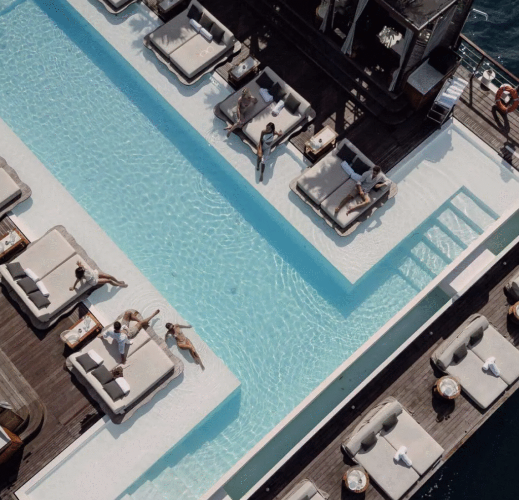 Aerial view of YONA Floating Beach Club in Phuket, Thailand, surrounded by turquoise waters