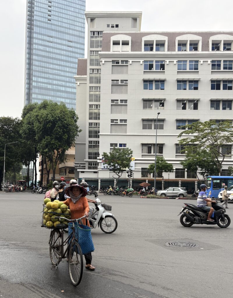 A woman vendor pushes her bicycle loaded with fresh fruit along a busy street in Ho Chi Minh City, Vietnam.
