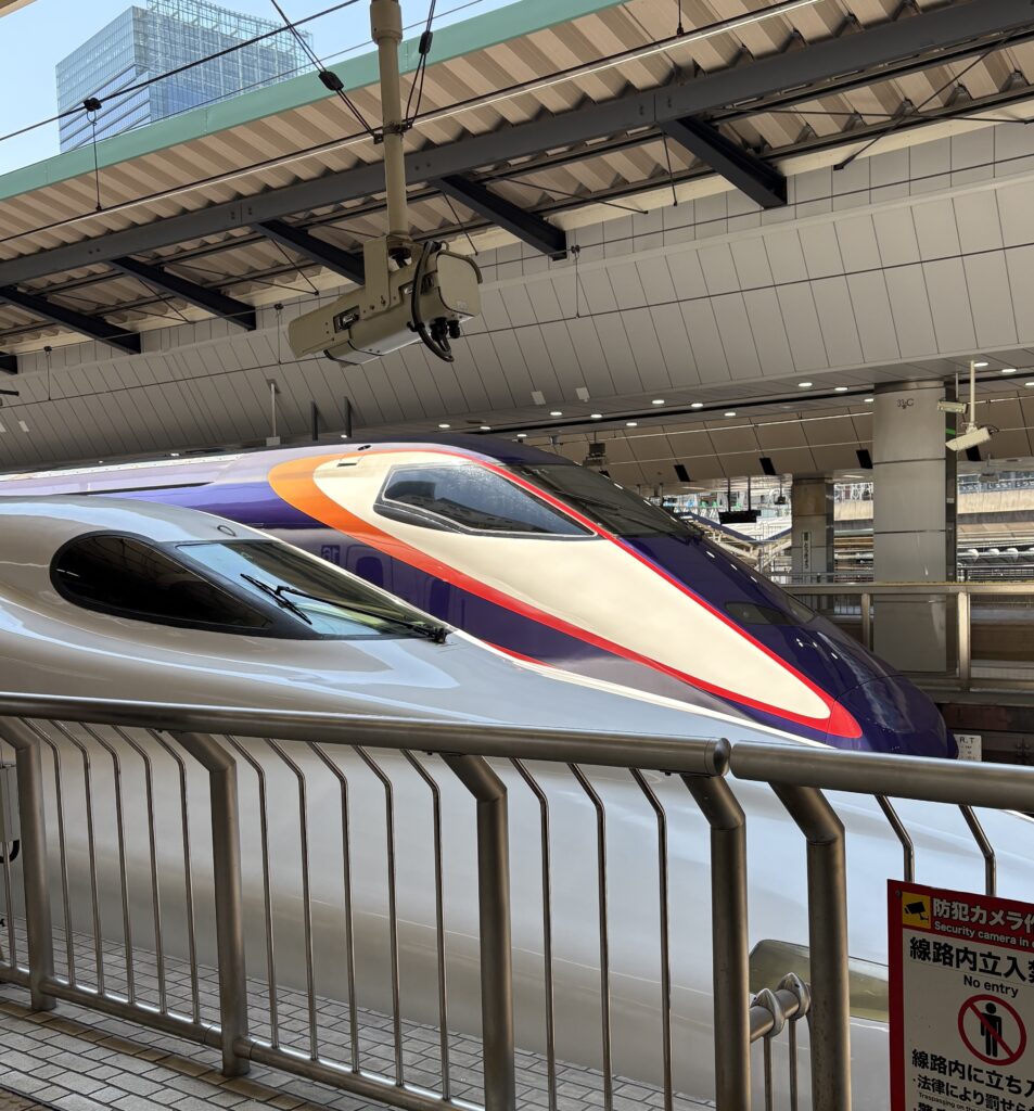 Front view of a Japanese bullet train at the station, capturing its sleek design and speed-focused engineering.