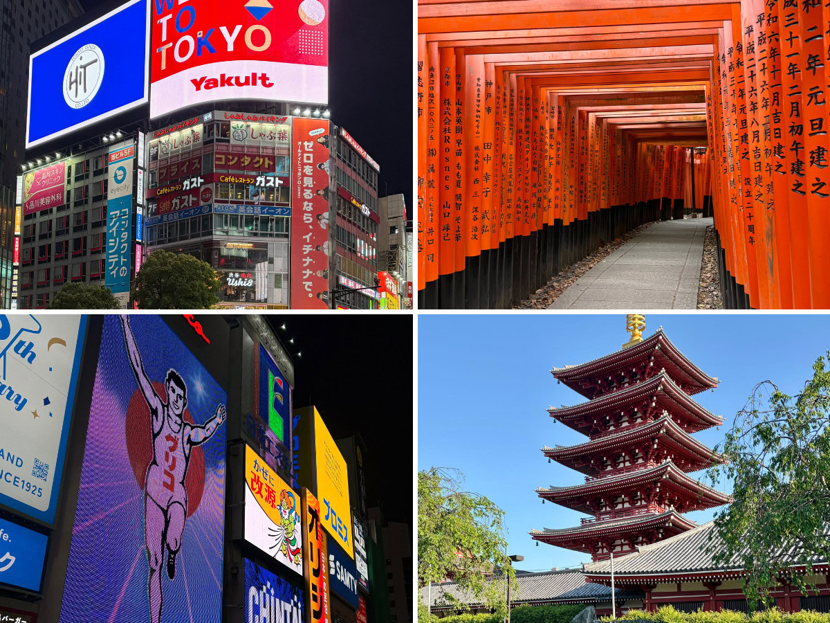 Collage of Shibuya Crossing at night, Osaka’s neon signs, a Kyoto temple, and Tokyo’s Senso-ji Temple, highlights from a 13-day Japan trip