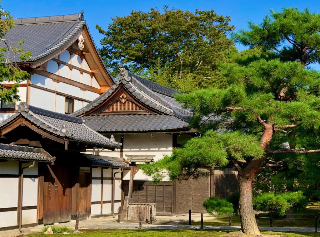 A peaceful view of Kyoto Imperial Palace surrounded by green trees and manicured lawns on a sunny day