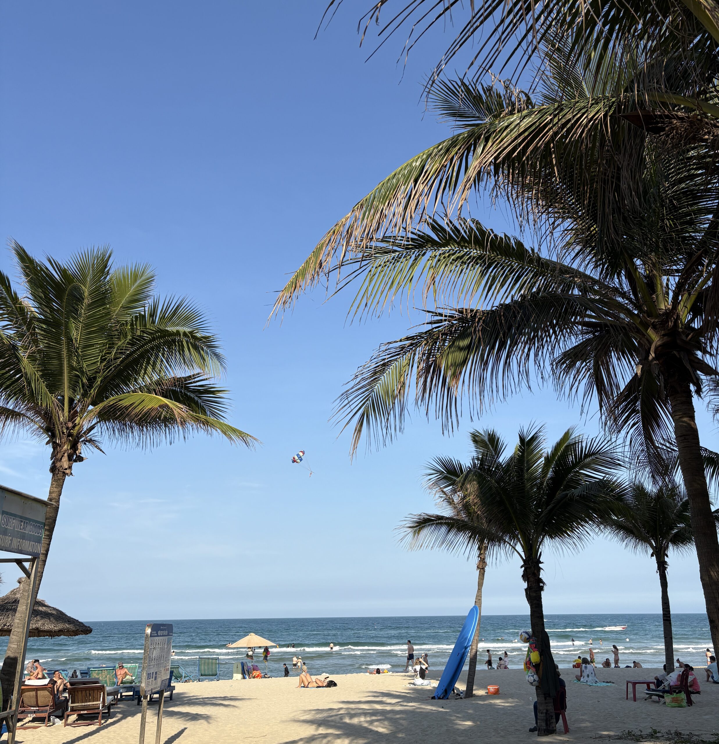 View of My Khe Beach in Da Nang on a sunny day with palm trees, clear skies, and people enjoying the beach