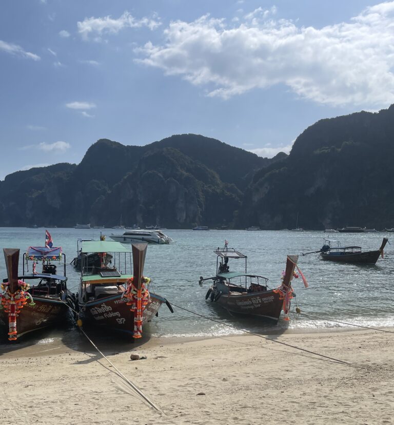 Traditional longtail boats lined up along the shore of Phi Phi Don on a clear, sunny day with turquoise waters
