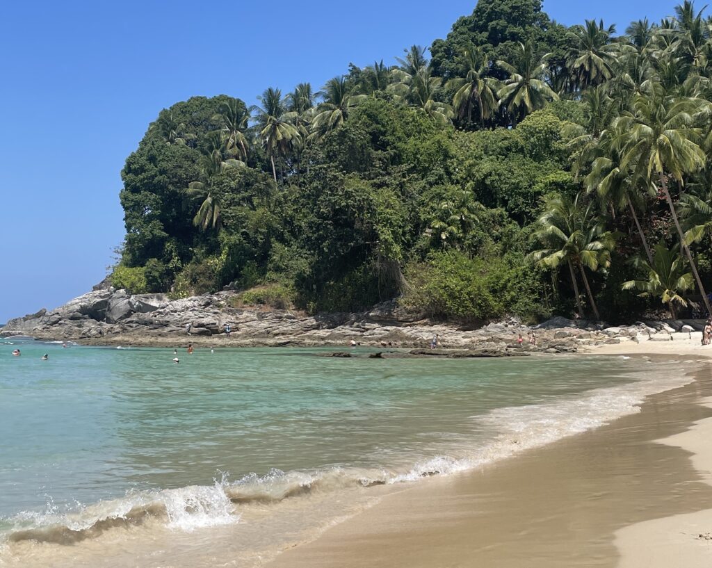 Scenic beach in Phuket with calm blue waves and palm trees on a clear sunny day