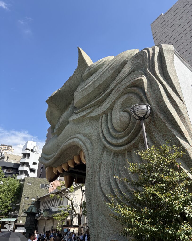 Backside view of the striking Dragon Temple in Namba, Osaka, showcasing its intricate roof details and vibrant architecture.