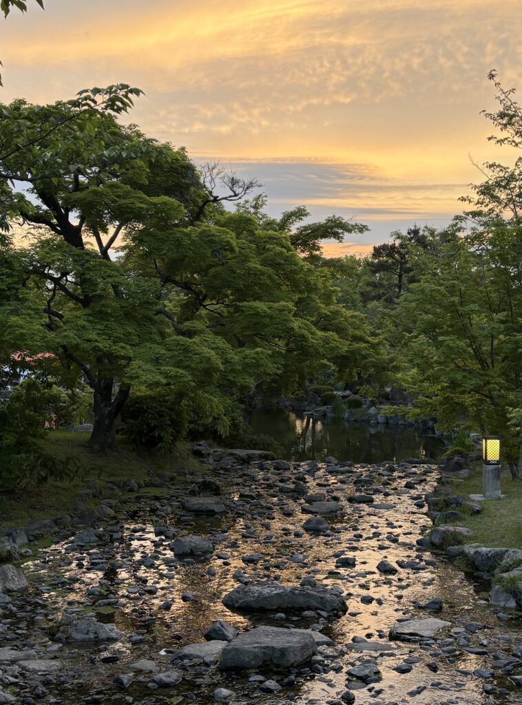 Beautiful sunset casting warm light over traditional Japanese rocks and lush greenery in Kyoto’s Maruyamacho area
