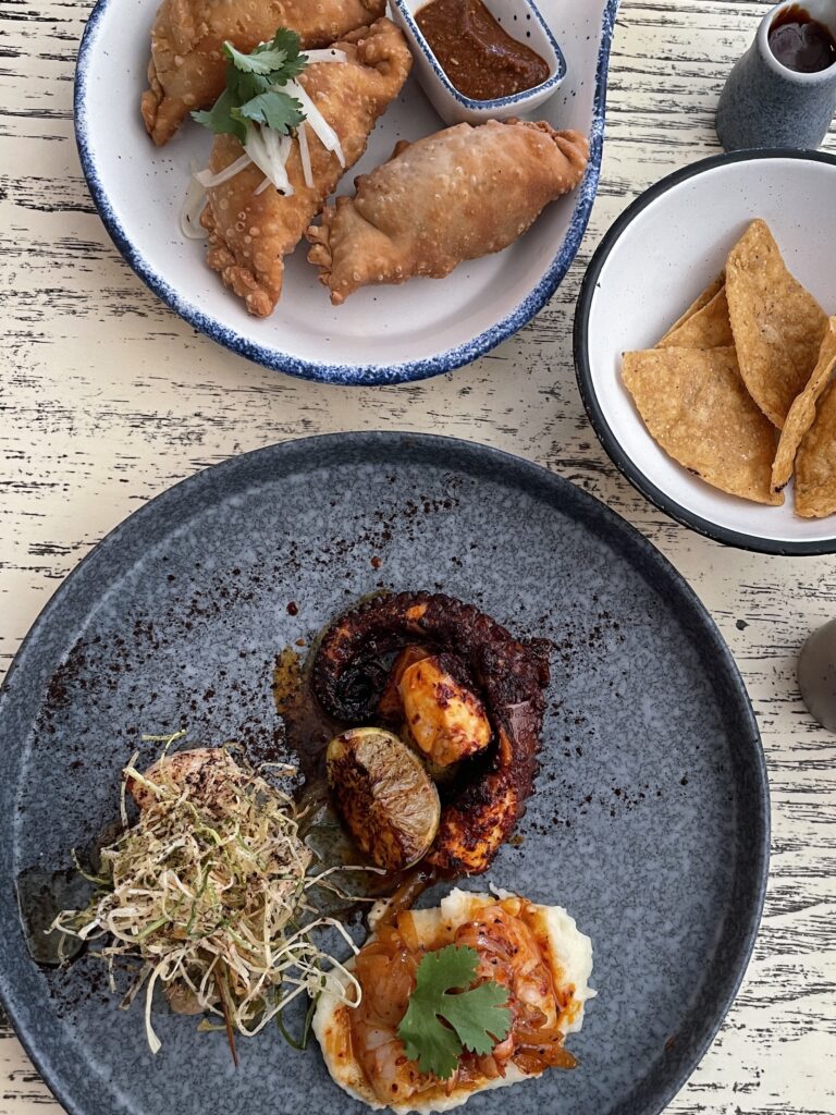 Grilled octopus and fried empanadas served at a stylish restaurant in Tulum