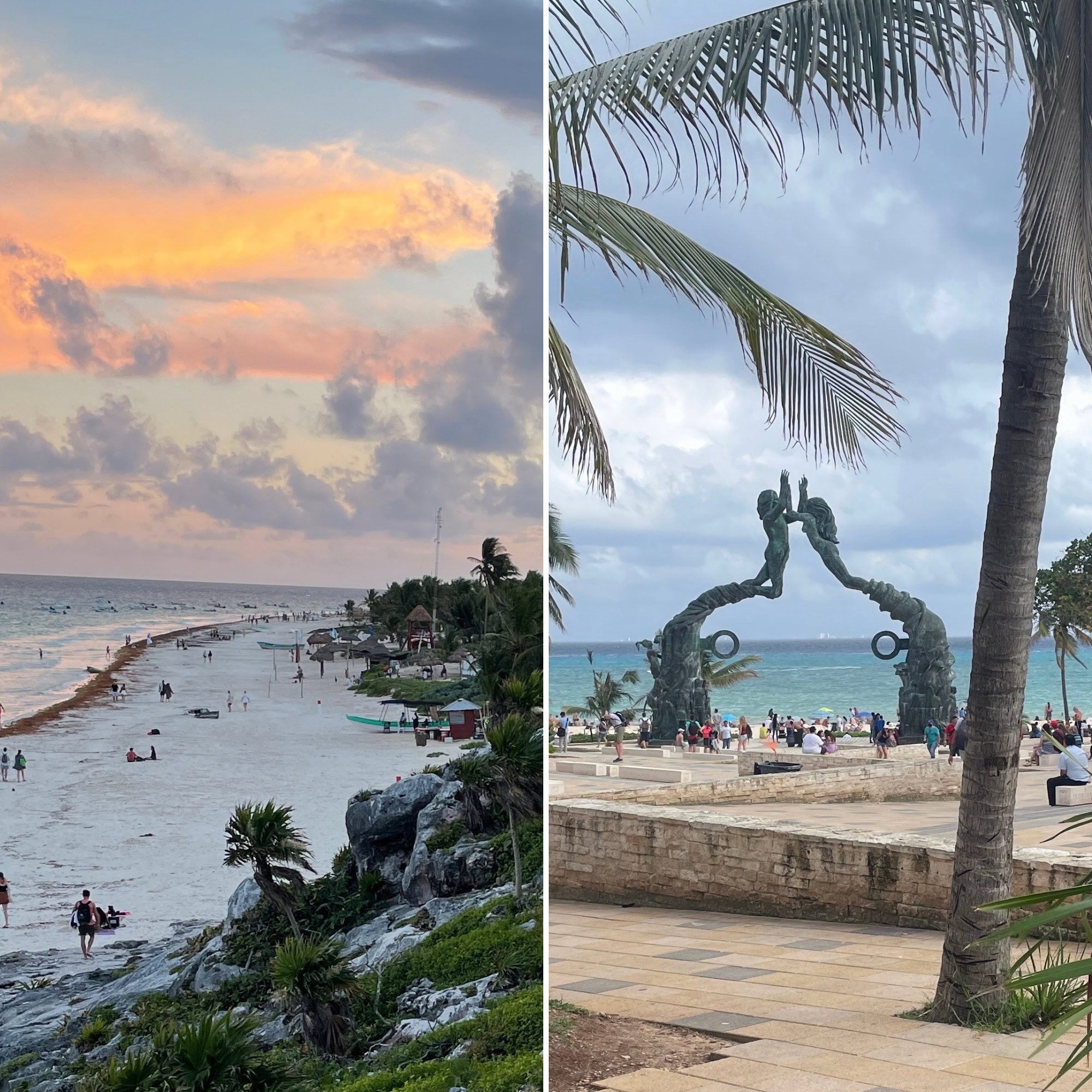 Side-by-side photo comparing Tulum and Playa Del Carmen beaches — sunset view from Tulum National Park on the left, and mermaid statues on Playa Del Carmen’s beachfront on the right.
