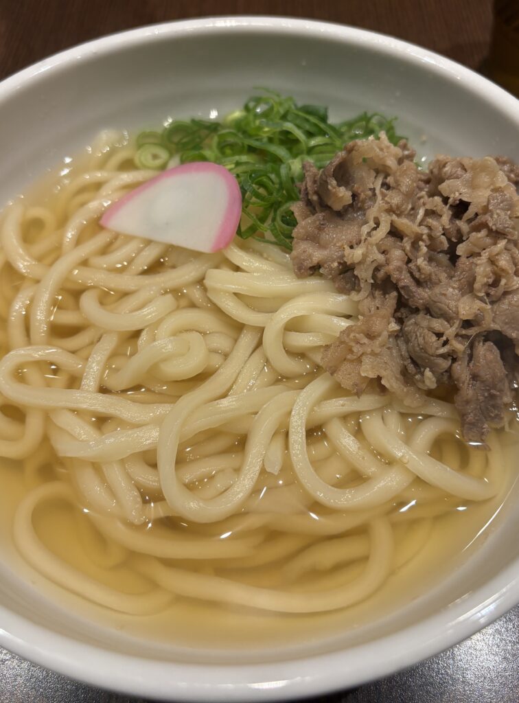 A bowl of udon noodles with thinly sliced beef in savory broth, a popular and comforting dish commonly found in Osaka, Japan.