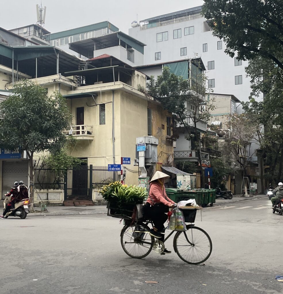 A Vietnamese woman riding her bike through a Hanoi street, wearing a traditional conical hat.