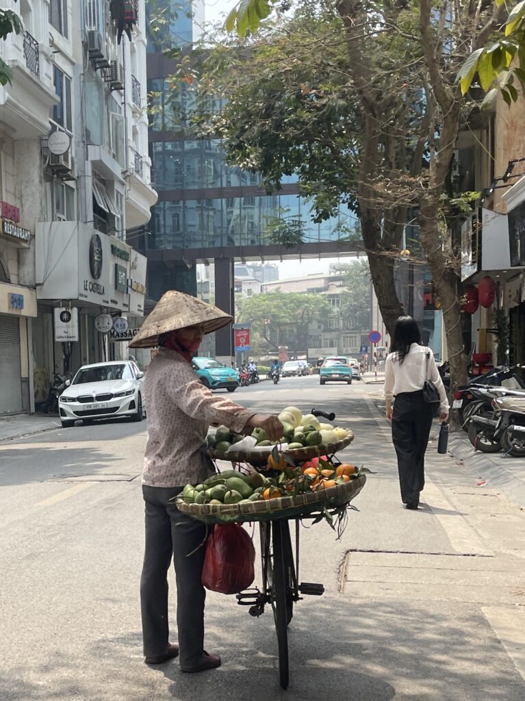 A woman in the Hai Ba Trung area of Hanoi walking alongside her bicycle loaded with fruits, wearing a traditional Vietnamese conical hat.