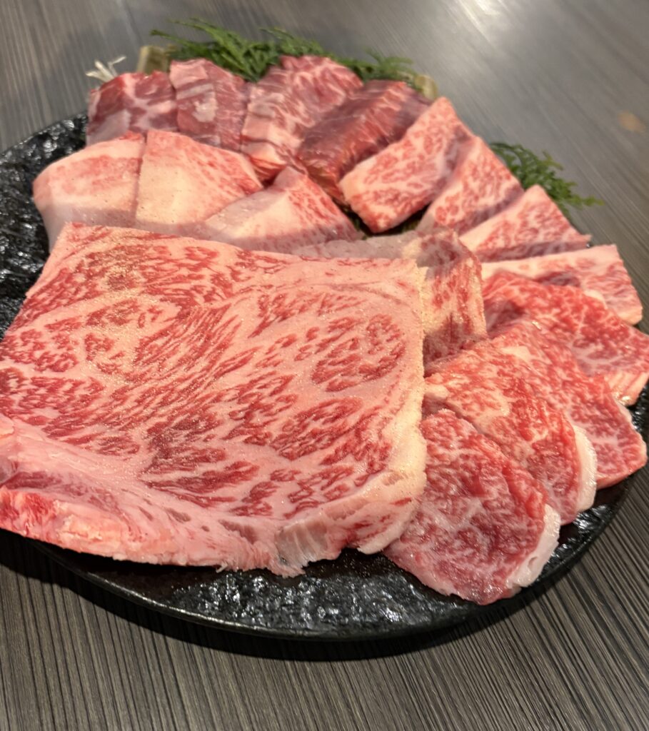 Variety of wagyu beef cuts at Yakiniku Rikimaru in Osaka