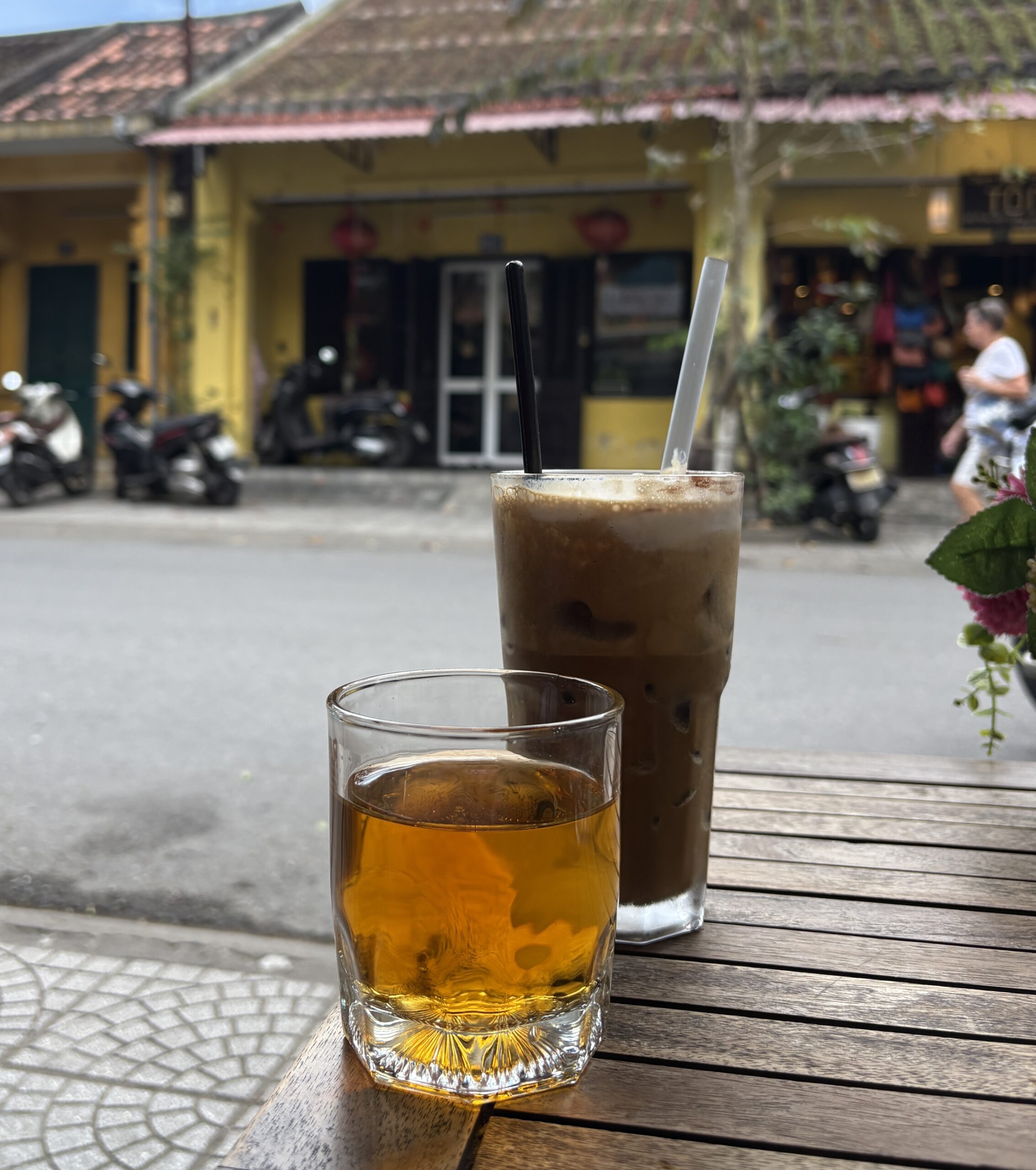 Iced Vietnamese coconut coffee served with jada iced tea in Hoi An’s Old Town