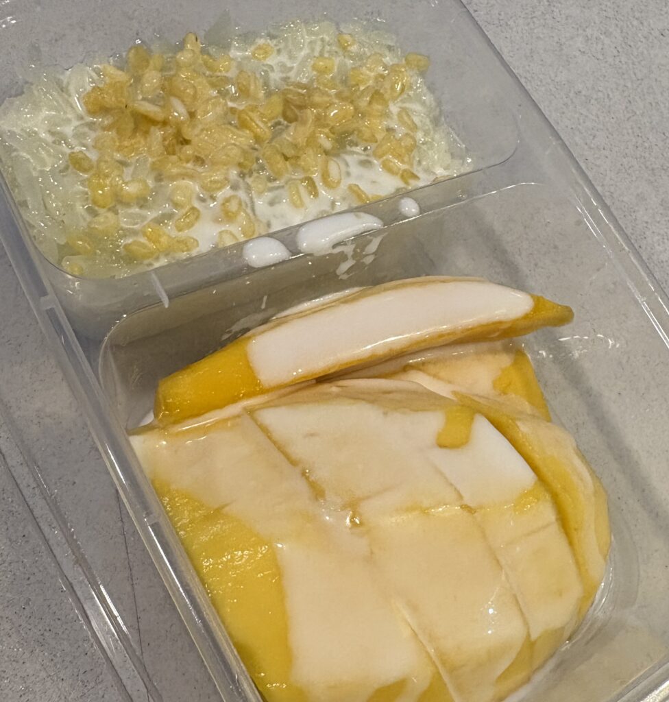 Small plastic plate with sticky rice topped with coconut cream and fresh ripe Thai mango slices, the classic mango sticky rice dessert.