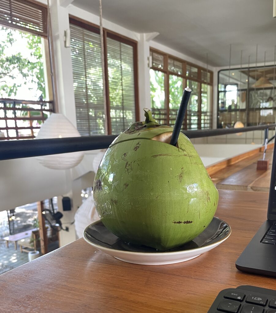 Big green coconut and laptop at Zin Cafe in Bali during a mid-afternoon work session