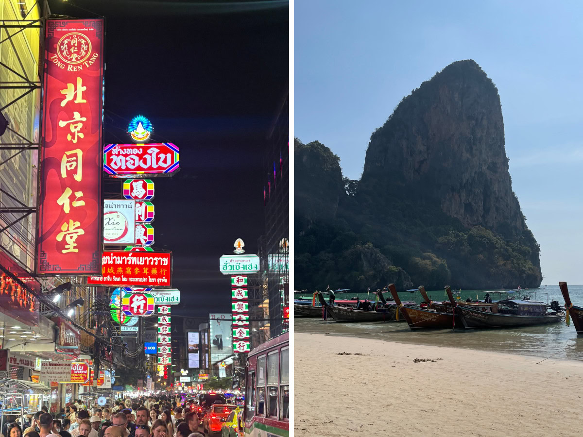 Side by side photo of Bangkok Chinatown with many tourists and Railay Beach in Krabi with longtail boats in Thailand