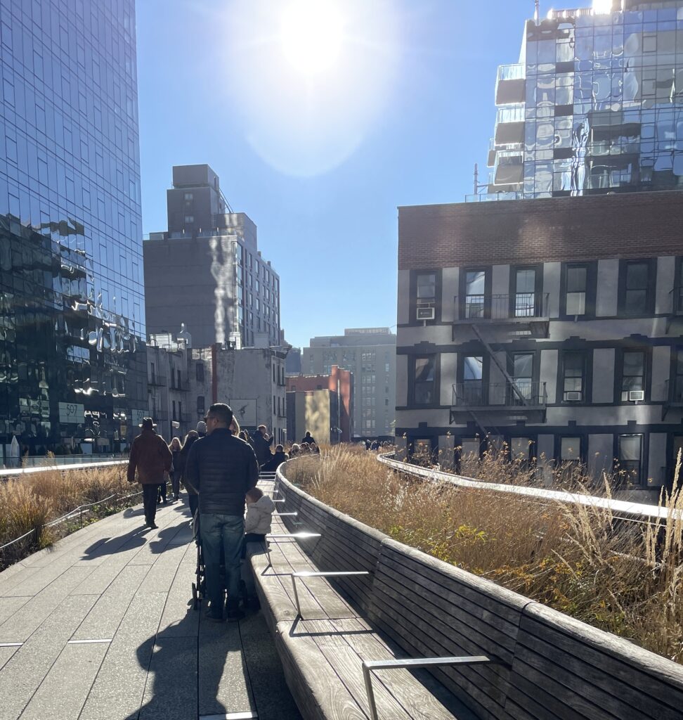 People walking along the High Line in New York City, enjoying the elevated park views and greenery.