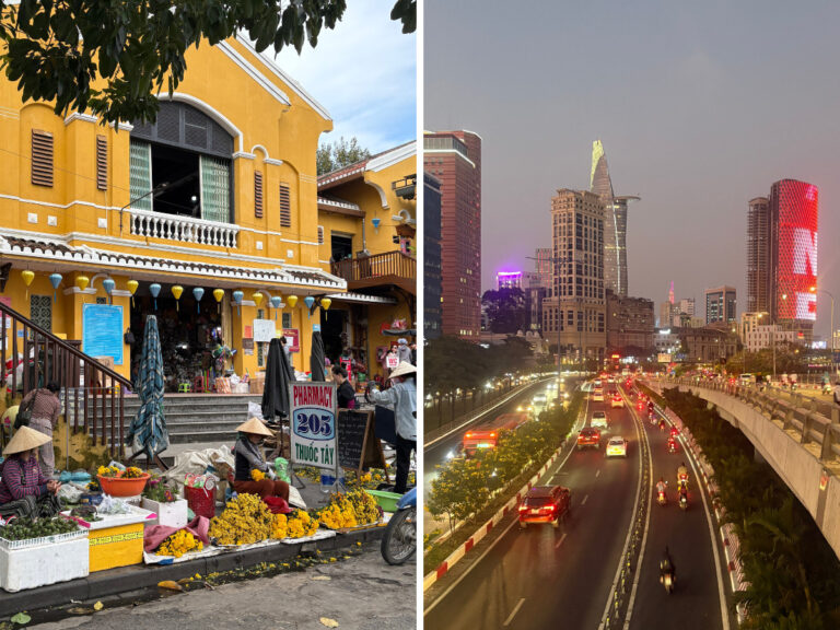 Vietnam contrast: Hoi An street vendor selling vegetables in Old Town beside a Saigon highway at sunset with golden skies.