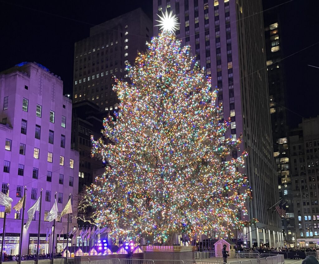 Close-up of the Rockefeller Center Christmas tree in New York City.
