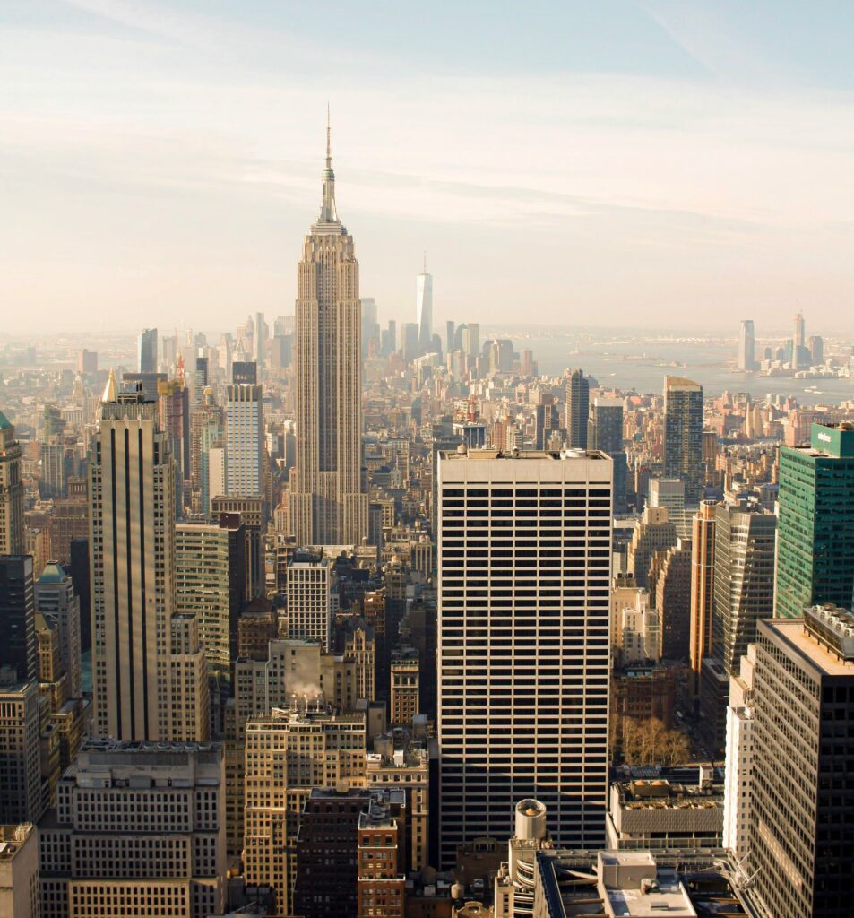 Daytime view of New York City skyline from Top of the Rock observation deck.