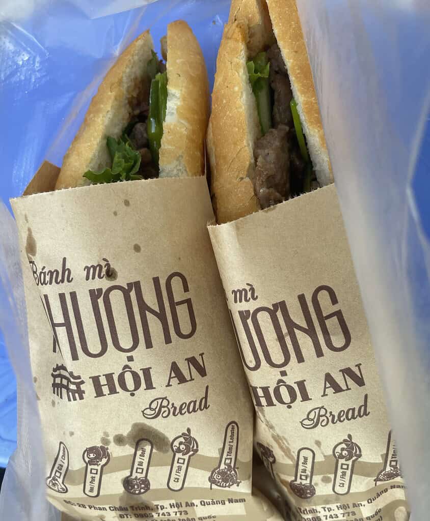 Two freshly made banh mi sandwiches from Banh Mi Phuong in Hoi An.