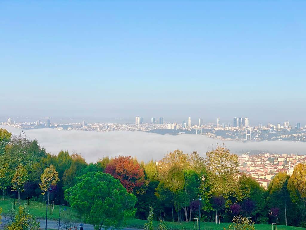 Stunning panoramic views from Camlica Hill overlooking Istanbul’s city center during the fall season.