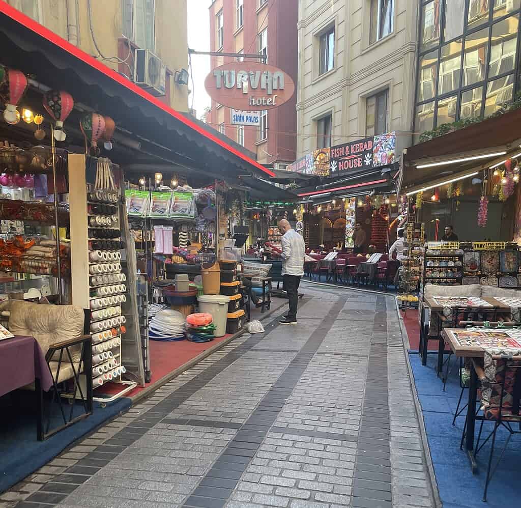 Charming small street in Istanbul with local shops and restaurants on both sides, creating a cozy and lively atmosphere.