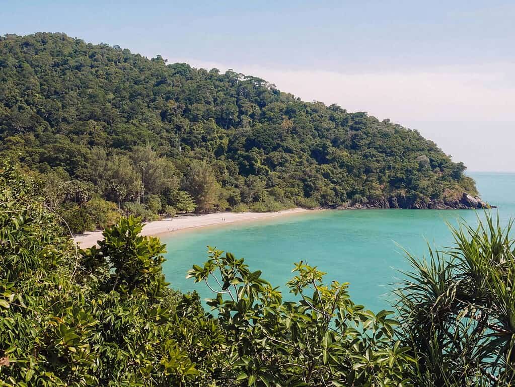 Beautiful, quiet bay at Mu Ko Lanta National Park on a sunny day, surrounded by lush tropical nature.